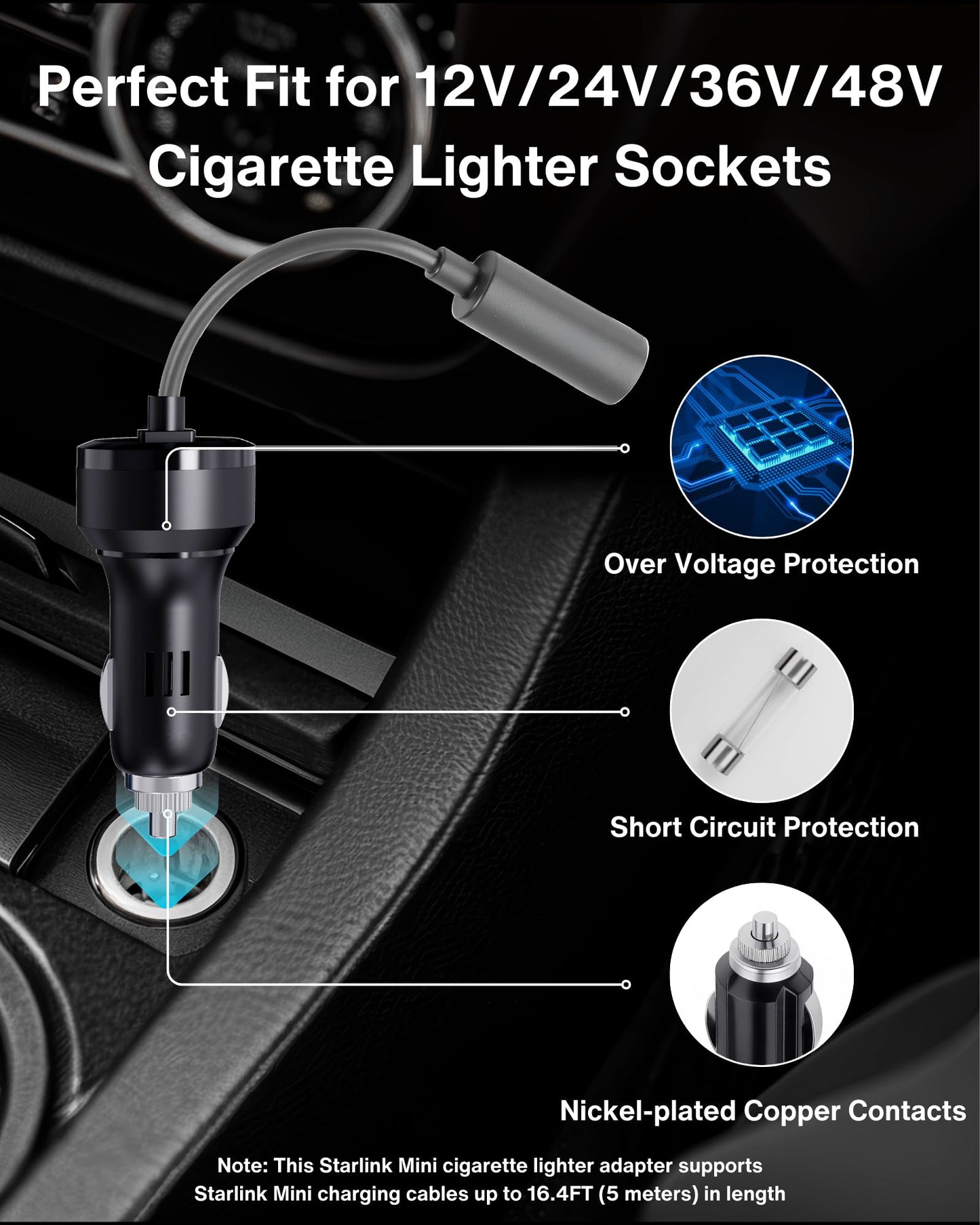 Car Charger to DC Female Adapter Cable for Starlink Mini, 12~48V Cigarette Lighter to DC Power Cable, 36W Output Stable Power Supply for Car, Truck, RV, Boat - 19AWG Durable Construction