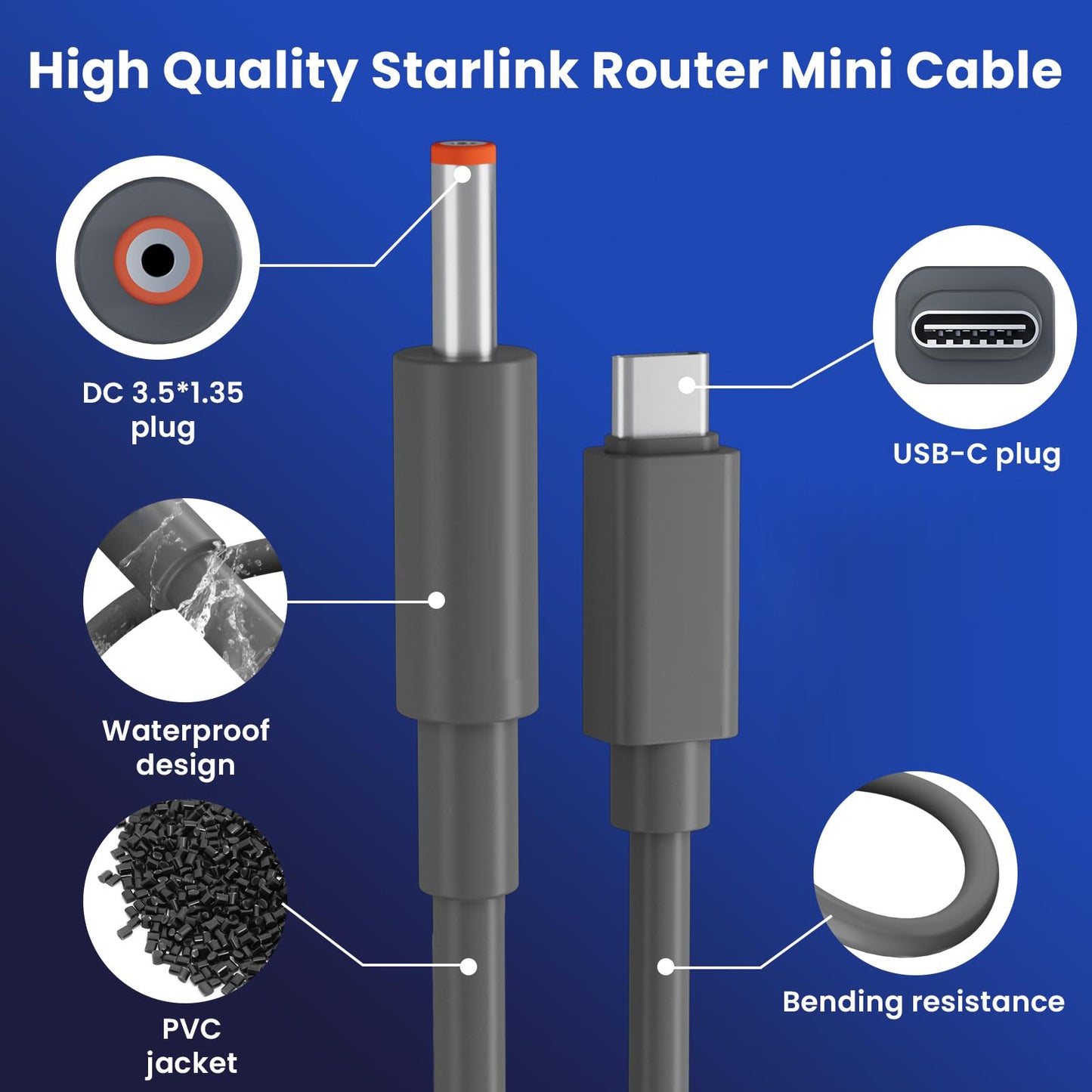 Starlink Router Mini Cable 2 Pack (1FT 6.5FT) USB C to DC Power Cable Compatible with Mini Router, Plug and Play PD 9V Compatible Replacement for Starlink Internet Kit